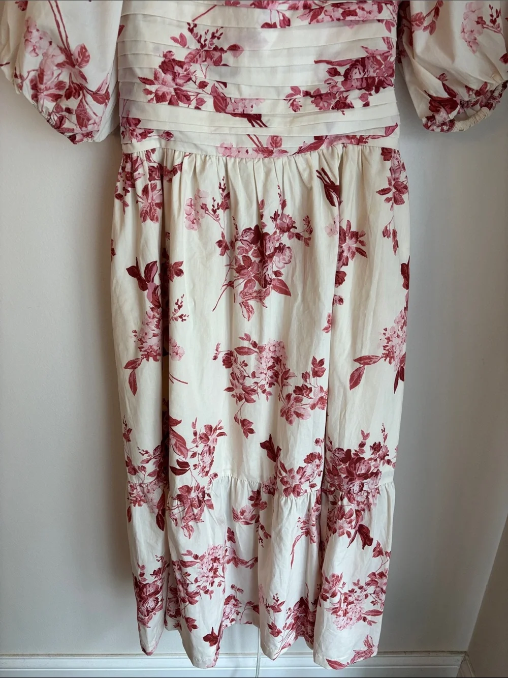 Abercrombie Emerson poplin Floral Puff-Sleeve Midi Dress Cream Rose Women LG EUC - Picture 5 of 12